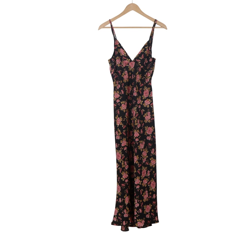 Zara Maxi Dress Womens S Floral Black Pink Spaghetti Strap V-Neck Excellent